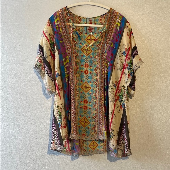 Johnny Was Tops - Johnny Was Multicolor Dolman Sleeve Keyhole Tunic Lace Trim, Rayon